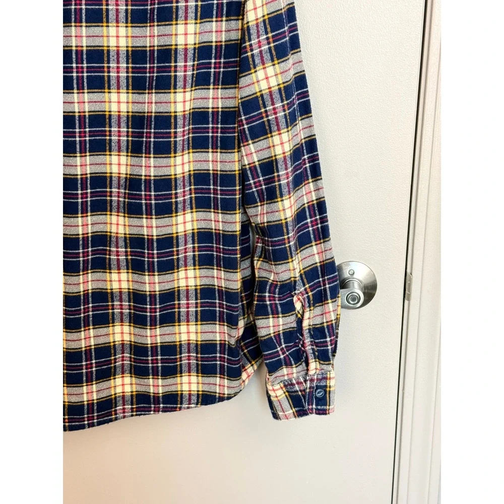 J. Crew Mens Flannel Shirt L Blue Yellow Plaid Cotton Long Sleeve AF877 Y2K